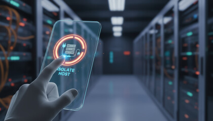 Cyber warfare protection concept with hand interacting on transparent digital interface in server room for secure data defense