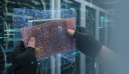 Cyber warfare protection concept with hands holding secure digital shield around computer hardware in data center environment