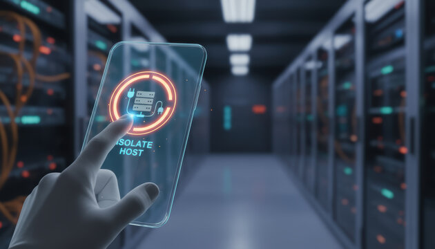 Cyber warfare protection concept with hand interacting on transparent digital interface in server room for secure data defense - Powered by Adobe