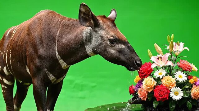 Okapi Sniffing Colorful Flowers at Water Edge against Green Screen Backdrop a Unique Forest Giraffidae Animal in a Controlled