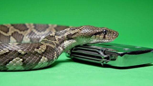 Olive Brown Python Coiled Around Shiny Silver Radio Recorder Isolated On Green Screen Background Reptilian Wildlife Close Up