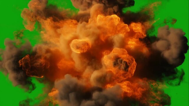 A massive cinematic fireball erupts outward in slow motion, bright orange with deep smoke on green screen 4k footage