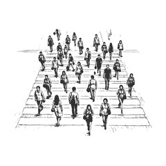 Busy Urban Crowd Walking Across Street, Commuter and City Life Concept, Detailed Hand Drawn Sketch Black and White Line Art Vector Illustration.