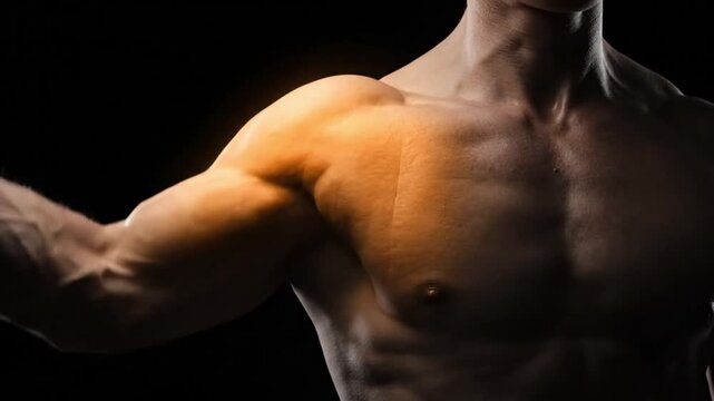 Muscular man's upper body with a glowing orange highlight on his right shoulder, indicating muscle contraction.
