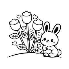 Cute Bunny Rabbit with Tulip Flowers and Hearts - Valentine's Day Spring Coloring Page for Kids Line Art