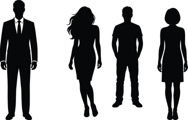 Business people silhouettes set of four, professional men and women standing, corporate teamwork concept, black isolated vector illustration design collection