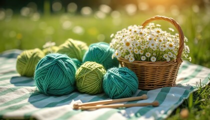 Green yarn balls and knitting needles rest on a striped blanket with a basket of daisies. Outdoor picnic setup for crafting. Soft sunlight creates a cozy atmosphere for hobbyists.