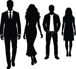Business people silhouettes walking forward, professional men and women figures, modern corporate workforce concept, black vector illustration isolated background design
