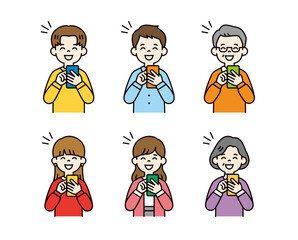 嬉しそうな表情でスマートフォンを見る、様々な年代の男女のベクターイラスト素材セット＿カラー