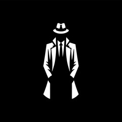 simple silhouette of a man wearing coat and hat like detective spy