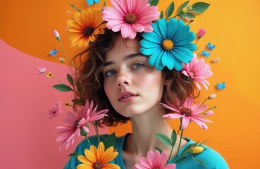 Young woman with colorful flowers and butterflies in hair. Bright pink orange and blue blooms surround her head. Vibrant floral arrangement creates an artistic portrait with a summery feel.