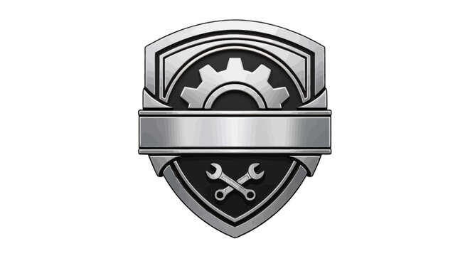 A sleek metallic shield emblem featuring a prominent gear and crossed wrenches, symbolizing robust engineering, quality service, and mechanical protection.