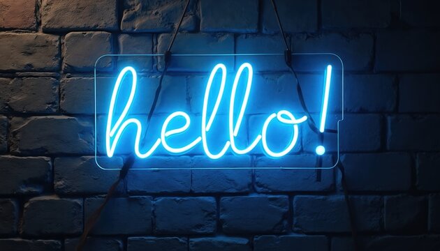 Blue neon hello sign glows on a dark brick wall. The electric text hangs as a bright welcome emblem. Use this for greetings, businesses, or event decor.