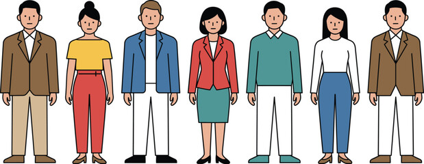 Diverse business people illustration, men and women standing together, modern flat vector characters, teamwork diversity concept, isolated white background