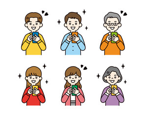スマートフォンを見て喜ぶ・感激する、様々な年齢の人物のベクターイラスト素材セット＿カラー