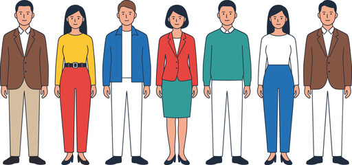 Diverse business people illustration, men and women standing together, modern flat vector characters, teamwork diversity concept, isolated white background design