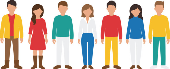 Diverse group of people illustration, men and women standing together, colorful flat characters, teamwork diversity concept, isolated on white