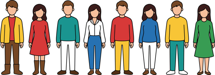 Diverse people group illustration, men and women standing together, colorful flat vector characters, teamwork diversity concept, isolated white background