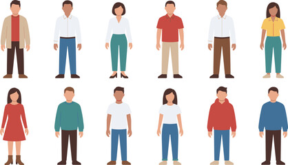 Diverse people illustration set, men and women standing together, casual everyday outfits, modern flat vector characters, community lifestyle concept