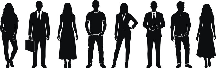 Diverse people silhouettes standing together, men and women in business and casual styles, modern teamwork concept, black vector illustration isolated