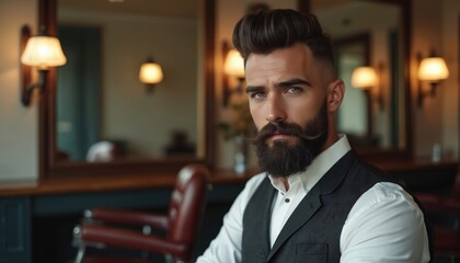 Fototapeta premium Man with trendy beard and stylish haircut poses in barbershop. Bearded guy with classic look sits in vintage chair. Male grooming and dapper style.