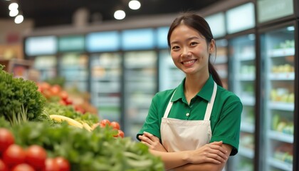 Smiling Asian woman grocery store worker stands by produce display. She wears a green uniform with white apron, arms crossed confidently. She helps customers find fresh food. This is a retail job.