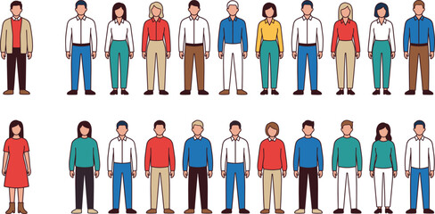 Large diverse people illustration set, men and women standing together, casual everyday outfits, modern flat vector characters, community lifestyle concept
