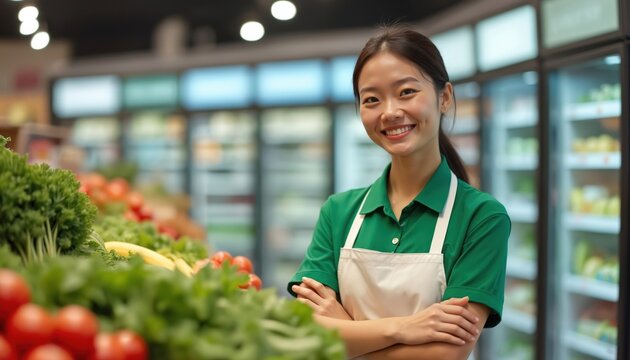 Smiling Asian woman grocery store worker stands by produce display. She wears a green uniform with white apron, arms crossed confidently. She helps customers find fresh food. This is a retail job. - Powered by Adobe
