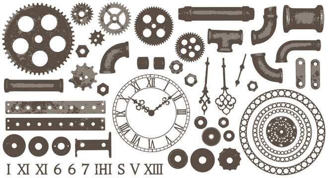 Detailed vector illustration showcasing an array of steampunk-inspired mechanical components, including gears, pipes, clock faces, and decorative elements on a white background.