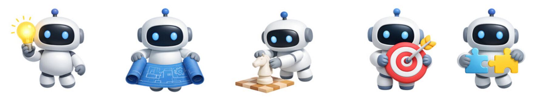 3D Minimalist Icon Set of AI Robot Strategy and Planning, featuring chess, target, and ideas on transparent background.