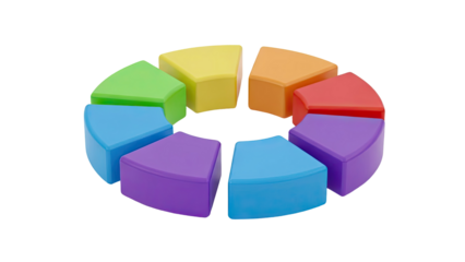 3D Colorful pie chart segments arranged in a circle on transparent background