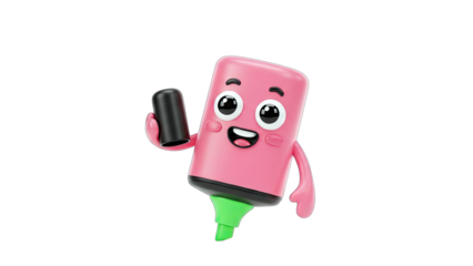 3D Cute Pink Highlighter Character Holding Cap on transparent background