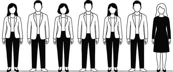 Professional business people silhouettes, diverse corporate team standing together, modern office workforce illustration, leadership, teamwork, equality, minimal vector design