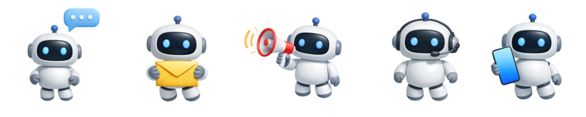 3D Minimalist Icon Set of AI Robot Communication, featuring chatbots, mail, and support on transparent background.