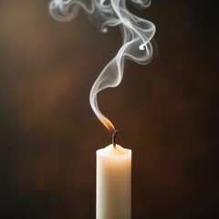 White candle burns with small flame. Wispy smoke curls upwards from wick against dark background. Gentle light emanates from burning wick. Candle appears to be nearly extinguished or just blown out.