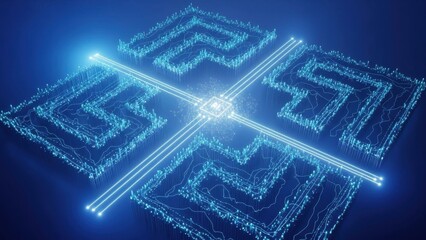 A glowing blue circuit board design with intricate pathways and bright lights on a dark background