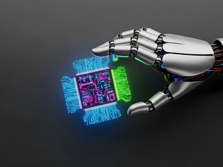 Metallic Robotic Hand Holding a Glowing Microchip on Neutral Backdrop