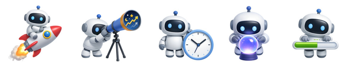 Obraz premium 3D Minimalist Icon Set of AI Robot Future and Prediction, featuring rockets, telescopes, and crystal balls on transparent background.