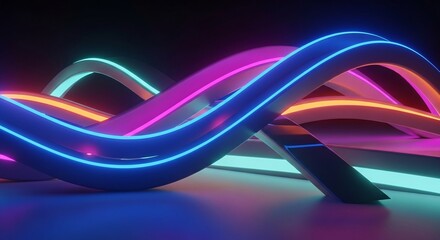 Vibrant Neon Waves and Glowing Ribbons on a Reflective Ground