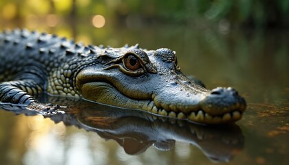 Fototapeta premium Caiman lies low in murky water, eyes watchful above the surface. Reptile hides partly submerged in calm river habitat. Scales detail, sharp teeth visible in jaws.