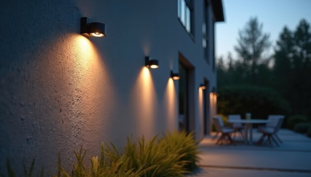 Modern wall mounted outdoor lamps cast warm light on textured building facade. Exterior lighting illuminates garden pathway and patio furniture at dusk. Safety and ambiance creation.