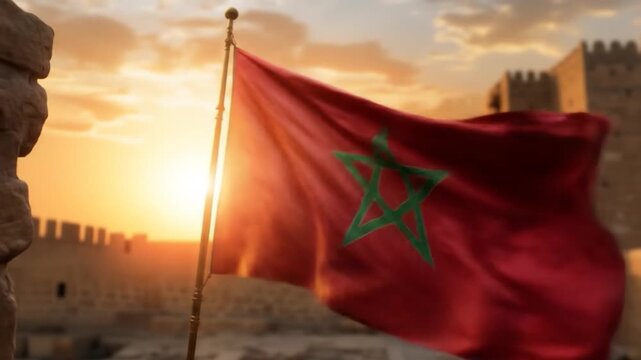 Majestic Moroccan flag waves proudly against the backdrop of a historical castle at sunset