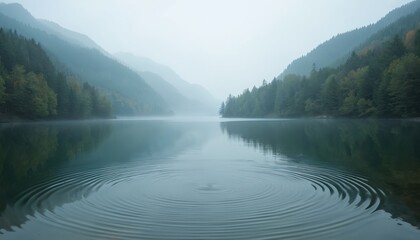 Calm lake water with ripples in foreground. Misty mountains and green forest trees line distant shore. Foggy morning light softens blue sky above water surface.