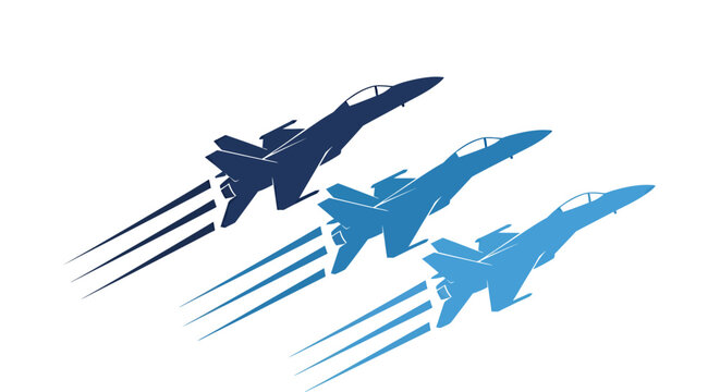 A dynamic vector illustration features three modern fighter jets in a sleek, upward diagonal formation, leaving vibrant blue exhaust trails against a clean white background.