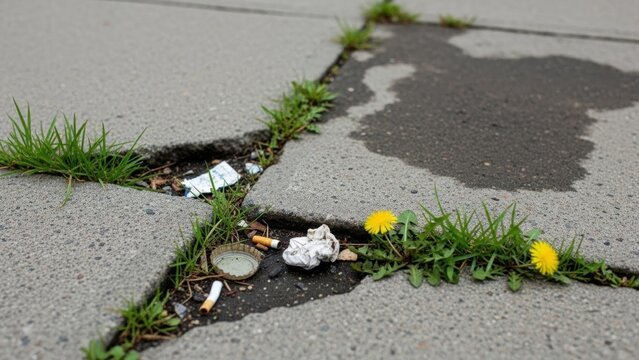 A cracked sidewalk with trash and weeds growing through the cracks on a gray day