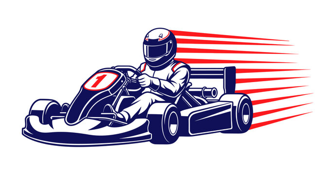 A vibrant vector illustration depicts a go-kart racer speeding along a track, conveying a sense of thrill and competition in motorsports, with motion lines.