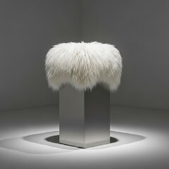 Modern Presentation of a White Fur Accent on Silver Metal Pedestal