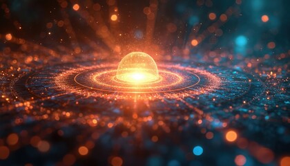 Bright light sphere radiates energy, particles swirl outward from glowing core. Abstract quantum mechanic concept, digital fractal pattern, futuristic cosmic background.