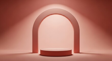 Monochromatic peach scene with arched backdrop and podium stage