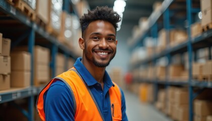 Naklejka premium Smiling man in orange safety vest works in warehouse filled with shelves of boxes. Male employee checks inventory in storage area. He represents industry and logistic operations.